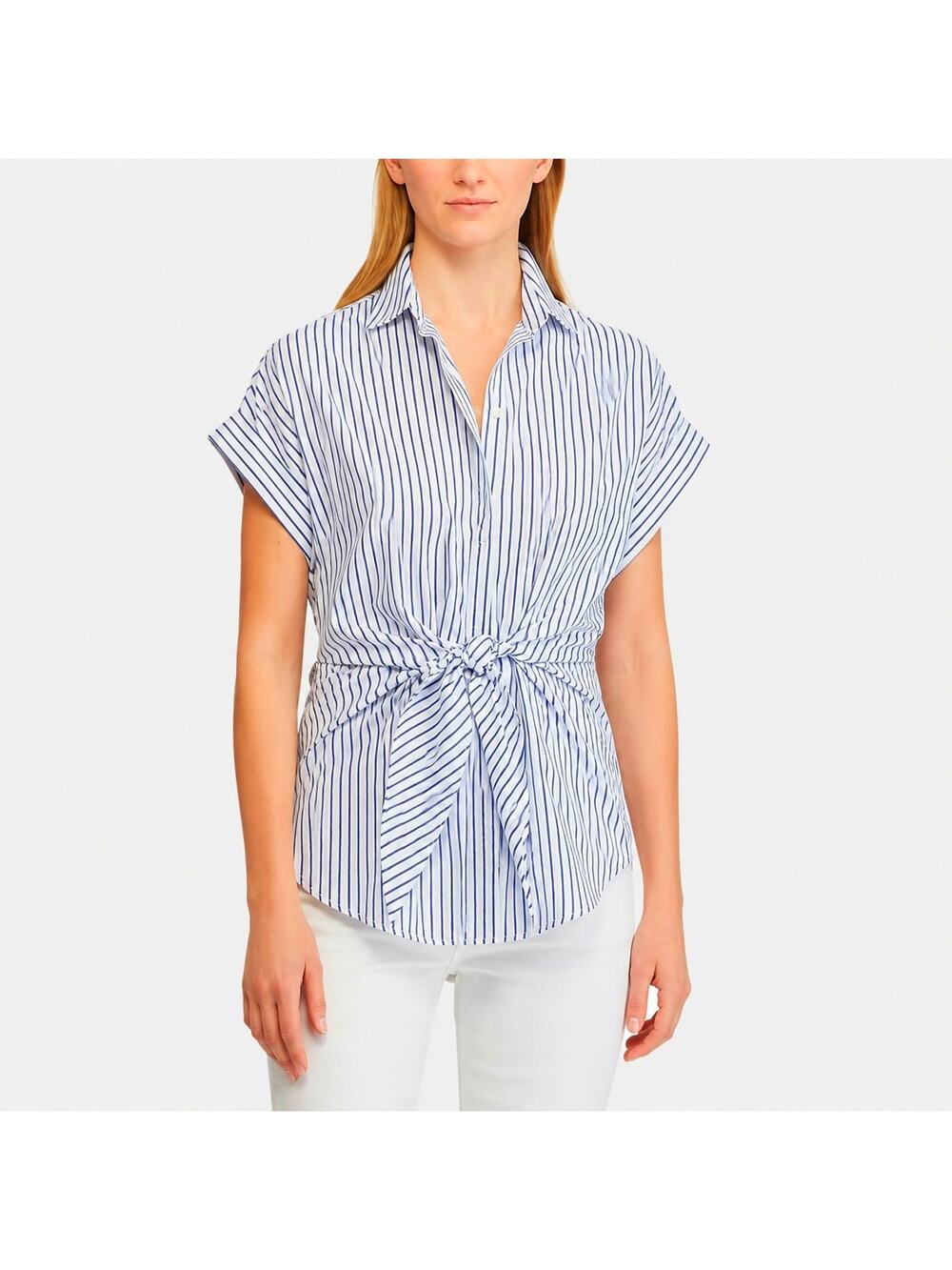 Lauren Ralph Lauren Shirt Striped Tie Front Short Sleeve Button Up White Blue XL